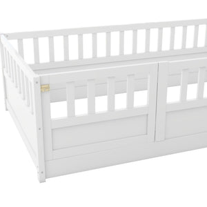 English Elm Twin Montessori Floor Bed Frame With Safety Barrier & Child-Friendly Door - Cozy White Design! W1858P164923-GIGA