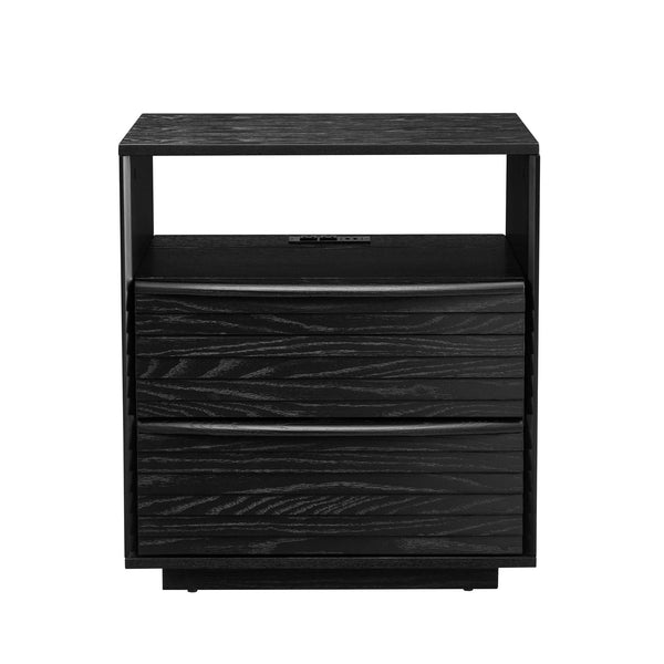 English Elm Mid Century Modern nightstand with USB charging, louver drawers, open shelf and hidden cord storage Black W1801P303391