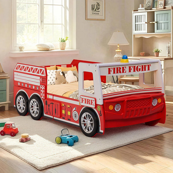English Elm Little Heroes Fire Truck Bed - Cozy Low-Profile Floor Bed With Led Light For Imaginative Playtime Fun W2237S00022