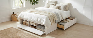 English Elm Queen Platform Storage Bed with Hydraulic Lift Footboard and Four Drawers Antique Finish White LP000139AAK