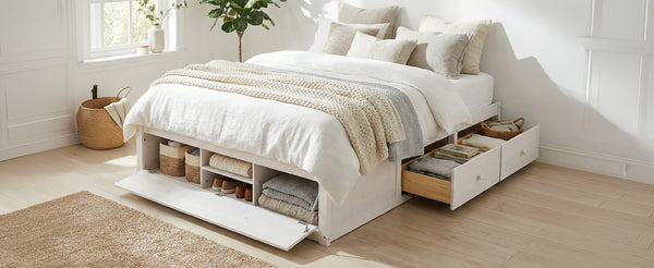 English Elm Queen Platform Storage Bed with Hydraulic Lift Footboard and Four Drawers Antique Finish White LP000139AAK