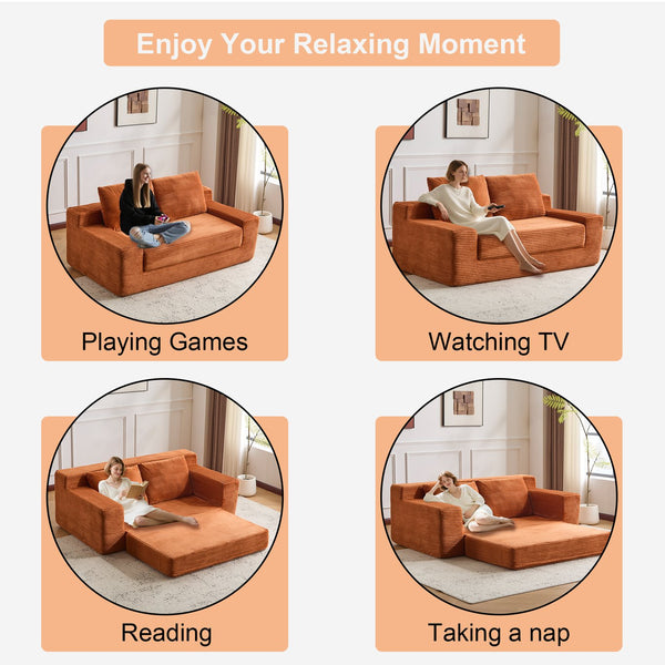 English Elm Loveseat Corduroy Bean Bag Sofa Bed with Memory Foam, Reversible Cushions, Plush Bolsters, No Assembly Required Orange W3723P346937