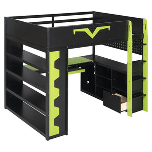 English Elm Full Size Gaming Loft Bed with Desk Rgb Lighting Power Outlet and Storage Drawer Green LT000285AAF