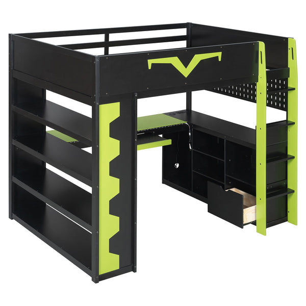 English Elm Full Size Gaming Loft Bed with Desk Rgb Lighting Power Outlet and Storage Drawer Green LT000285AAF