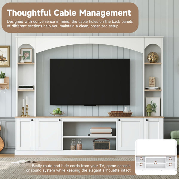English Elm Arched Farmhouse Entertainment Center with Open Shelving for Living Room White N721S000063K
