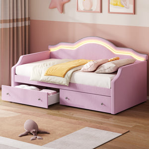 English Elm Twin Upholstered Daybed with Built-In LED & 2 Drawers, Velvet Platform Bed with Solid Wood Frame, Modern Curved Backrest, Twin Size, No Box Spring Needed Pink N7500001851H