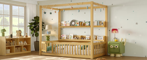 English Elm Twin House Floor Bed with Door and Full-Length Guardrails, Solid Wood Double Twin Floor Bed for Kids' Playful Rooms Natural W1580P359329