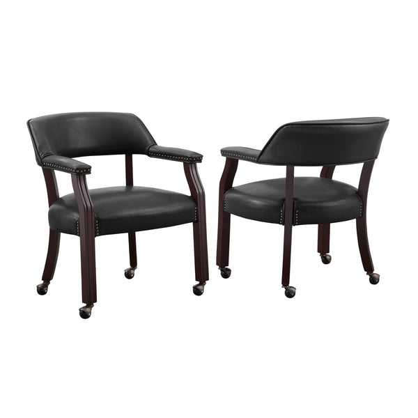 English Elm Steve Silver - Tournament Captain Arm Chair with Casters, Faux Leather Black, Nailhead Trim, Medium Cherry Pedestal Base - Swivel Comfort & Game-Ready Design B081P157446