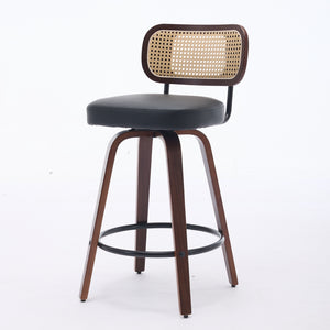 English Elm Set of 3 Rattan Counter Stools with Cane Back and Swivel, Upholstered PU Seat, Walnut Finish, Ergonomic Comfort Black W1143P300159