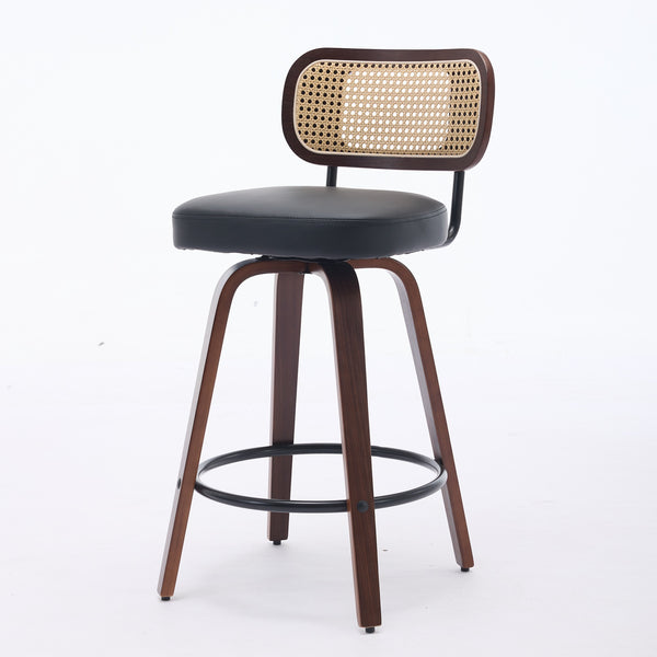 English Elm Set of 3 Rattan Counter Stools with Cane Back and Swivel, Upholstered PU Seat, Walnut Finish, Ergonomic Comfort Black W1143P300159