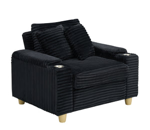 English Elm Black corduroy single sofa with ottoman storage, built-in armrest compartments, removable pillows, modern cozy design W1658S00135