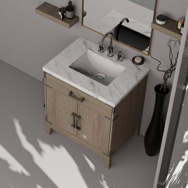 English Elm Grey Oak Single Bath Vanity With Carrara Marble Top, Complete Faucet Set & Soft-Close Storage B2731P259771