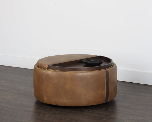 Sunpan BORELLI Wheeled Storage Ottoman - Stylish Tobacco Tan Faux Leather with Autumn Chestnut Accent 107522V