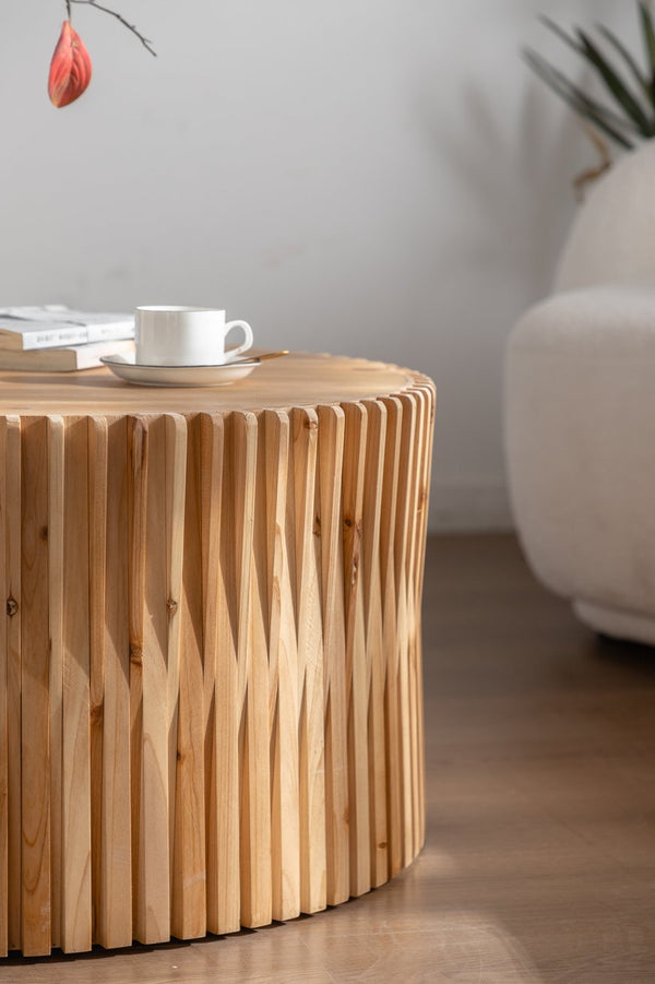 English Elm 31.5" Retro Cylindrical Coffee Table with Vertical Relief Texture, No Assembly, Easy-Clean Rustic Charm W757P183279