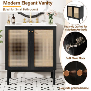 English Elm 30-inch bathroom vanity with handwoven rattan doors, ceramic sink, soft-close hinges, black bamboo elegance N729P285517B