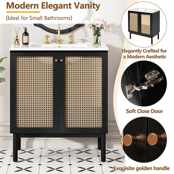 English Elm 30-inch bathroom vanity with handwoven rattan doors, ceramic sink, soft-close hinges, black bamboo elegance N729P285517B
