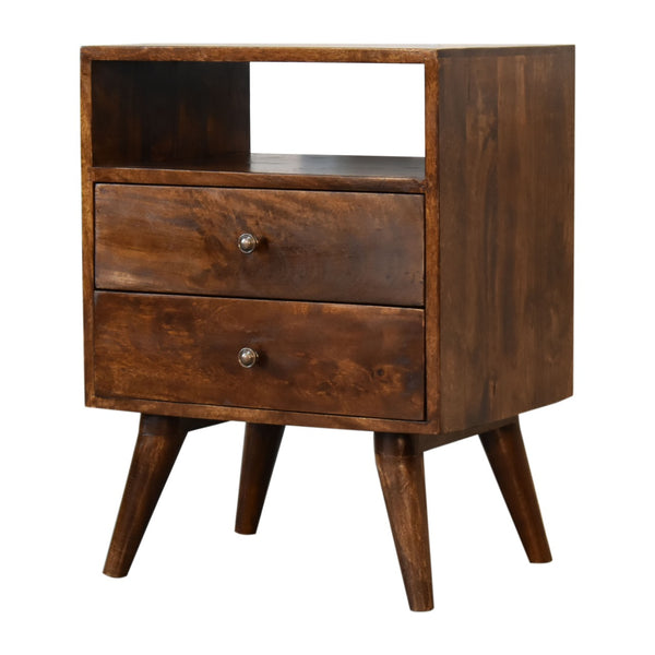English Elm Classic Chestnut Solid Mango Wood Nightstand with Brass Knobs, 2 Drawers & Open Shelf, Nordic Legs B182P336645