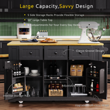 English Elm K&K 53Inch Large Kitchen Island With 2 Bar Stools, Power Outlet,Door Internal Storage Rack, Kitchen Storage Cart On 5 Wheels With Drop Leaf, 5 Open Side Racks, 3 Drawers, For Kitchen,Dining Room,Black