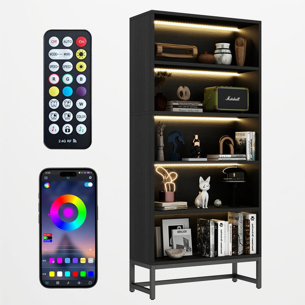 English Elm Tall Five Tier Bookcase with Led Shelf Lighting White Mdf Frame Living Room Display W3204P454081