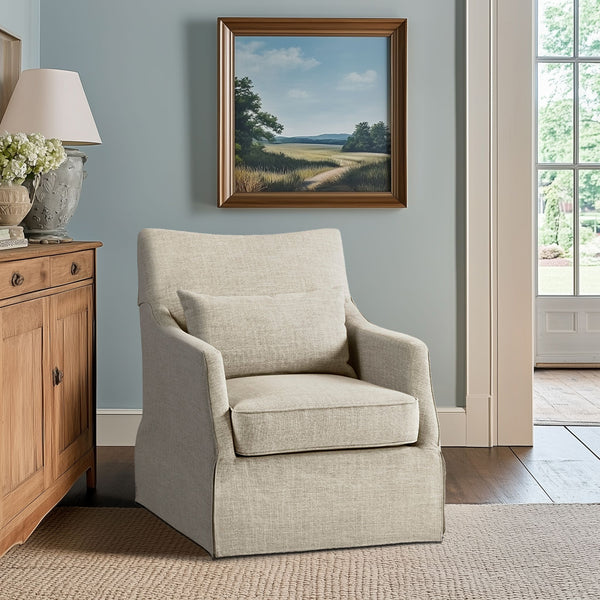 JLA Home Martha Stewart - London Upholstered Skirted Swivel Armchair by Martha Stewart — Linen-Look Fabric, 360° Quiet Rotation, Plush Lumbar Support Beige Multi MT103-1199