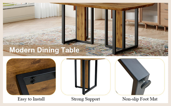 English Elm Table 67"X36" Modern Dining Set With 6 Ergonomic Brown Chairs & Stylish Black Metal Legs For Comfort W1151S01956-GIGA