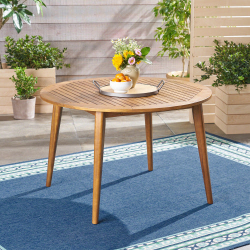 English Elm 47.25" Solid Acacia Round Outdoor Dining Table Slatted Teak Finish Seats Four N770P396250T
