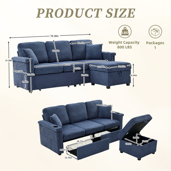 English Elm UNITED Corduroy L-Shaped Sectional Sofa with Storage Ottoman, USB Ports, Cup Holders & LED Lighting Navy W1568P332406