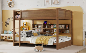 English Elm Queen Over Queen Floor Bunk Bed with Built-In Storage Shelves, USB Charging Station, Solid Pine Frame, Safety Rails and LadderDesigned for Space Saving and Modern Bedrooms Wheat W504S00259