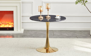 English Elm Round Faux Marble Tulip Pedestal Dining Table Mid Century Modern for Small Bistro Spaces Gold,Gray W2920P405351