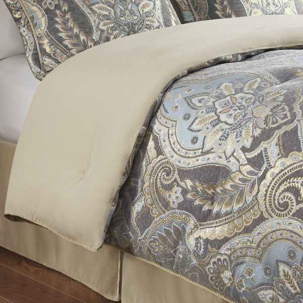 English Elm 4 Piece Julius King Comforter Set Blue/Grey Jacquard Chenille Luxury Bedding with Gold Illusion, Regal Style B035128757