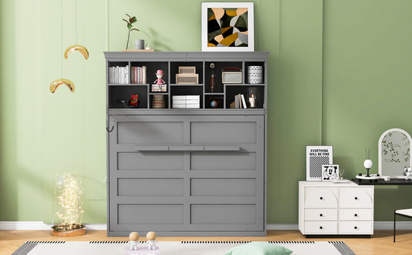 English Elm Queen Murphy Wall Bed Cabinet with Integrated Shelves Usb Charging Space Saving Design Gray LP006668AAE-1