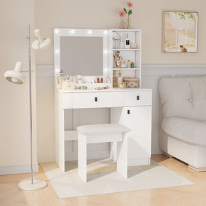 English Elm Vanity LED Makeup Desk with 3-Mode Mirror, Adjustable Brightness, Large Drawers & Shelves White W2139P194436