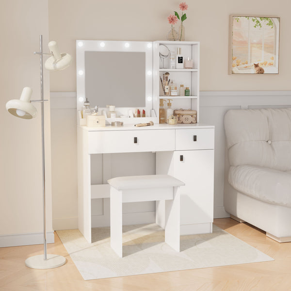 English Elm Vanity LED Makeup Desk with 3-Mode Mirror, Adjustable Brightness, Large Drawers & Shelves White W2139P194436