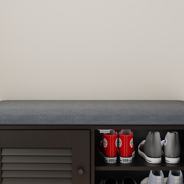 English Elm 28.74"shoe Storage Bench Louvered Cabinet Cushioned Seat Adjustable Shelves Entryway W2948P361401