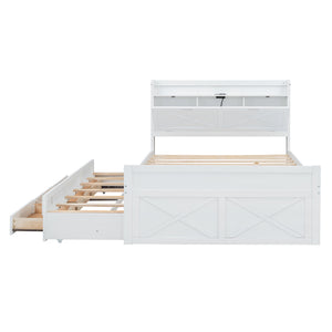 English Elm Full Full Size Wooden Bed with Storage Headboard, Built-In Outlets, Trundle & 3 Drawers for Space-Saving Bedrooms White 80.51 L x 17.12 W x 4.57 H N733S172712K