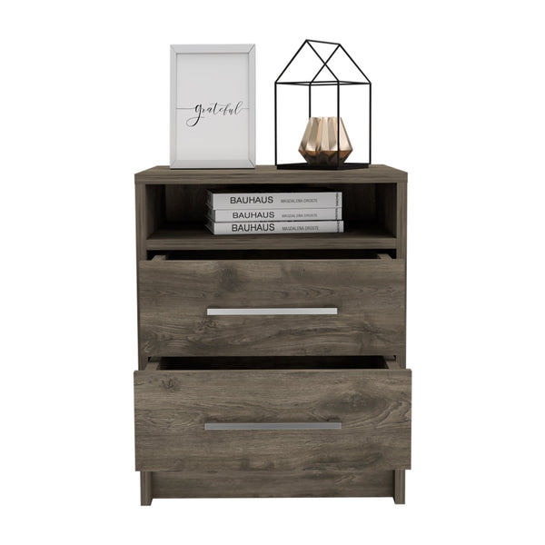 English Elm Philadelphia Nightstand with Two Drawers and Concealed Shelf, White & Light Oak Accent, Sleek Storage Design Brown 23 L x 23 W x 7 H B128P148957