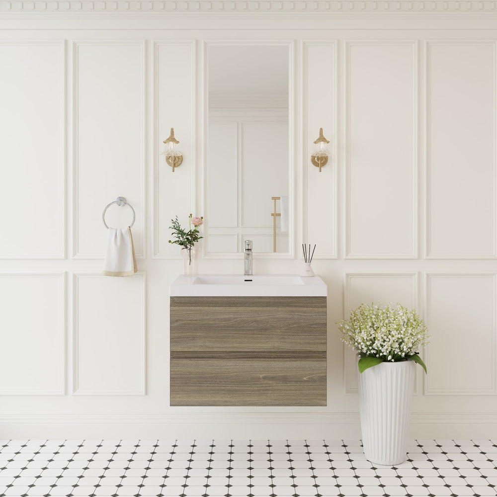 English Elm 30'' Wall Mounted Bathroom Vanity Smoked Walnut Fluted Cabinet Matte Black Basin Grey Ash W1920P385477