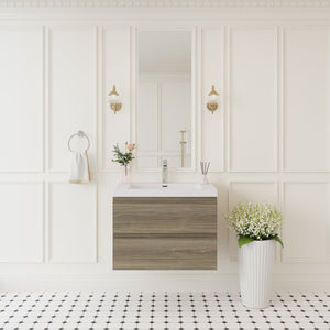 English Elm 30'' Wall Mounted Bathroom Vanity Smoked Walnut Fluted Cabinet Matte Black Basin Grey Ash W1920P385477