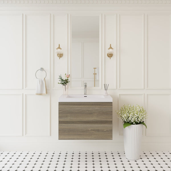 English Elm 30'' Wall Mounted Bathroom Vanity Smoked Walnut Fluted Cabinet Matte Black Basin Grey Ash W1920P385477