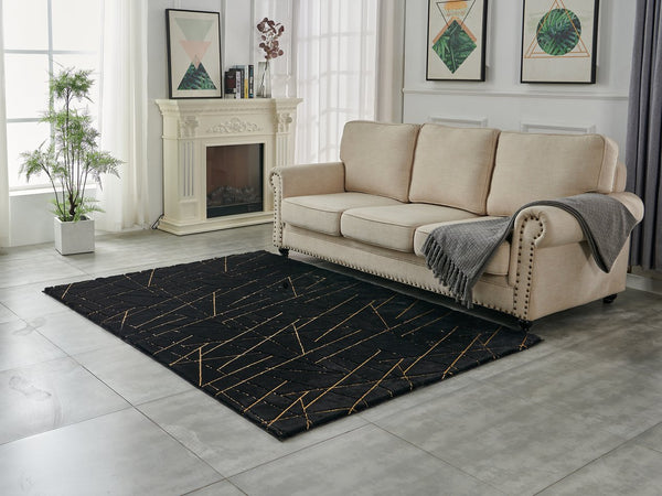 English Elm Luxury Faux Fur Area Rug - Plush Machine Washable Black & Gold Geometric Design With Anti-Slip Backing B030P233701