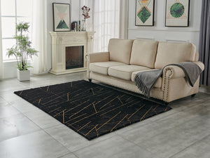 English Elm Luxury Plush Black Geometric Abstract Faux Fur Area Rug With Gold Accents - Machine Washable Comfort B030P233703