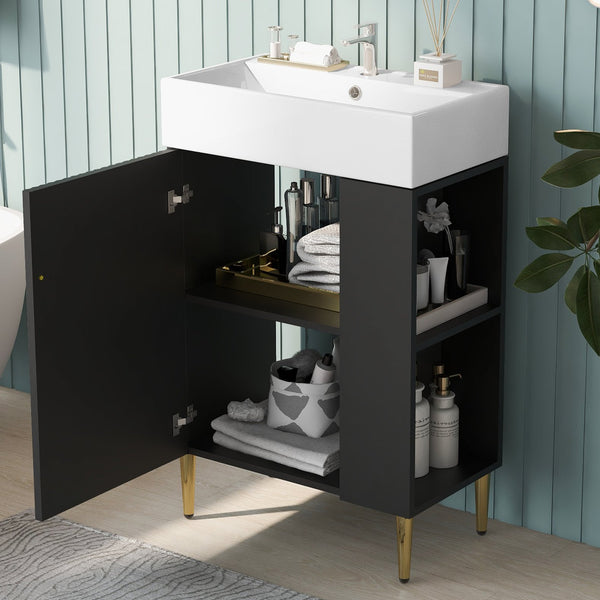 English Elm 21.6" Black Modern Bathroom Vanity with Ceramic Sink, Right Side Storage, Gold Legs & Soft-Close Doors SV000006AAB