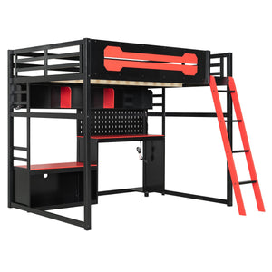 English Elm Full Size Gaming Loft Bed with Built-in Desk Led Lighting Usb Ports and Pegboard Black+Red LT000270AAR