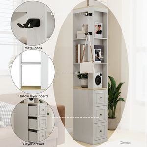 English Elm 73" Slim Tower Cabinet Antique White Mdf with Drawers Hooks and Display Shelves W1120P327084