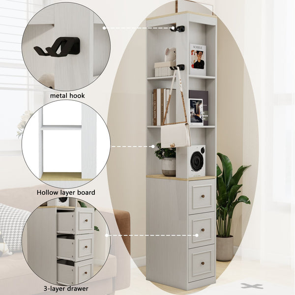 English Elm 73" Slim Tower Cabinet Antique White Mdf with Drawers Hooks and Display Shelves W1120P327084