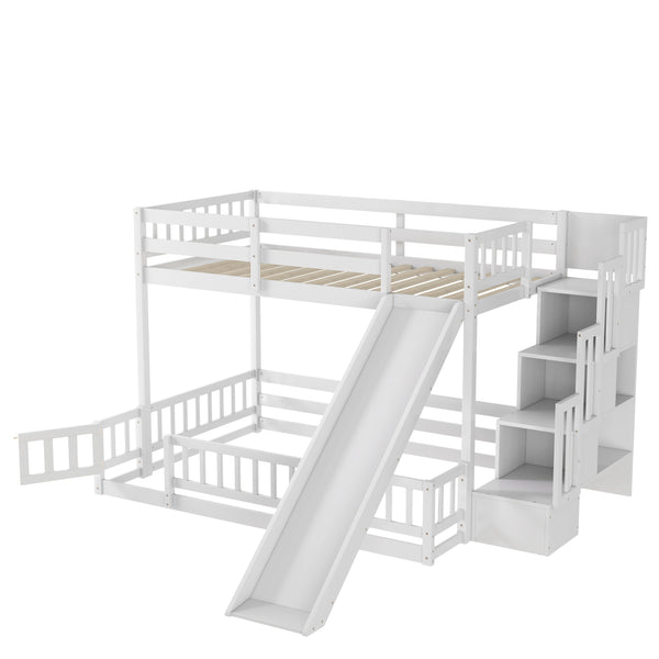 English Elm Twin Over Full Bunk Bed Solid Pine Frame with Built-in Slide and Storage Staircase White W504S00290