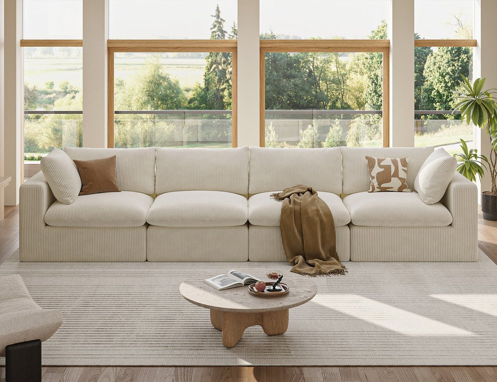 English Elm Modular L Shaped Sectional Sofa in Corduroy Fabric Seats Four with Accent Pillows W1955S00003
