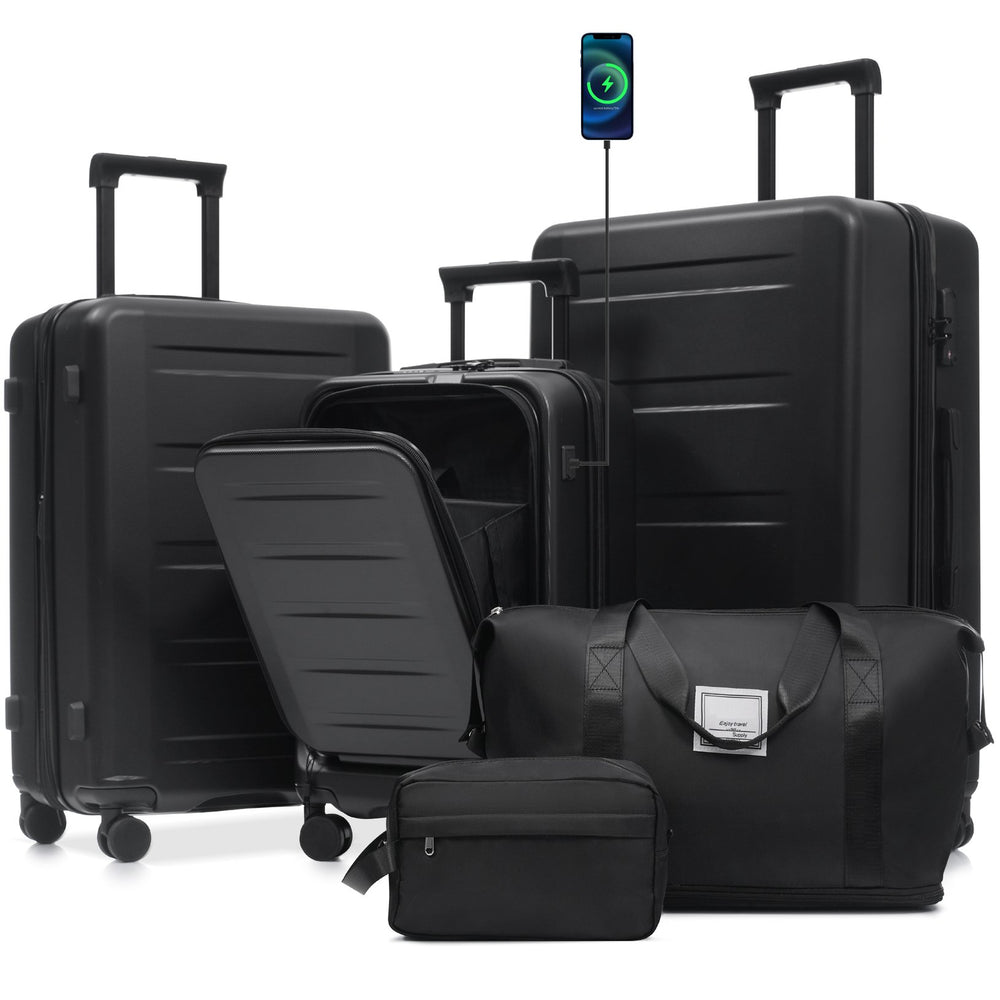English Elm Luggage 5 Piece Hardside Abs Set with Front Access Carry on and Tsa Spinner Wheels Black N732P391544B