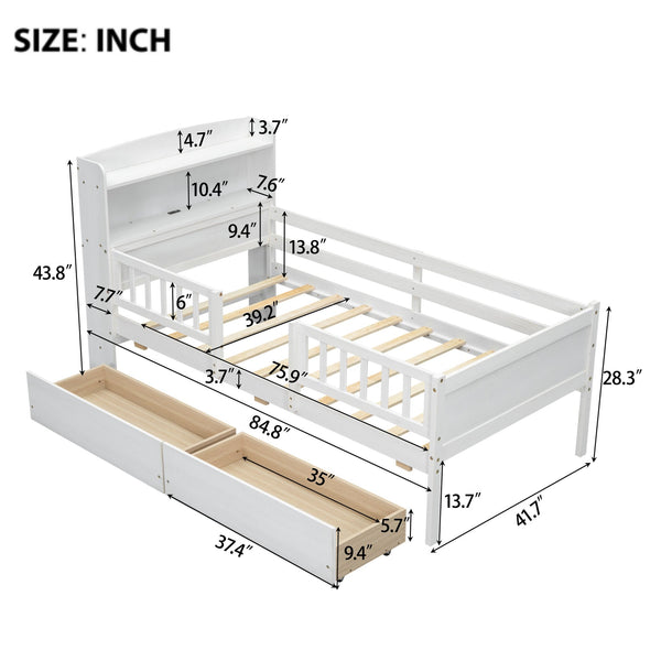 English Elm Wood Twin Size Platform Bed with Built-in LED Light, Multifunctional Headboard, Guardrail & Storage Drawers White N709P243969K