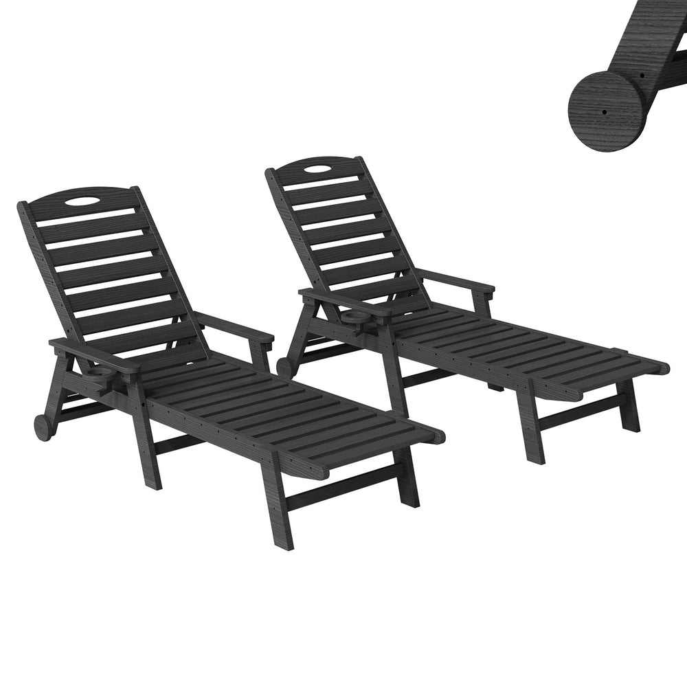 English Elm Patio Hdpe Chaise Lounge Outdoor Reclining Poolside Chair with Built-in Cup Holder Black W1859P478587